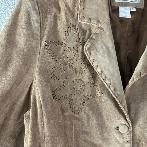 Coldwater Creek Suede Tan Genuine Leather Whipped Stitch Floral Jacket Size XL
